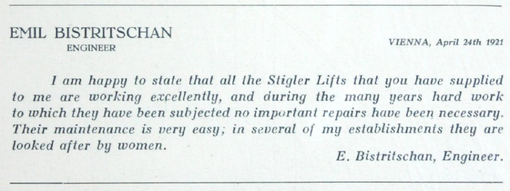 Referenz eines Wiener Aufzug-Ingeniers in der Jubiläumsschrift zum 50 jährigen bestand der Aufzug-Produktion