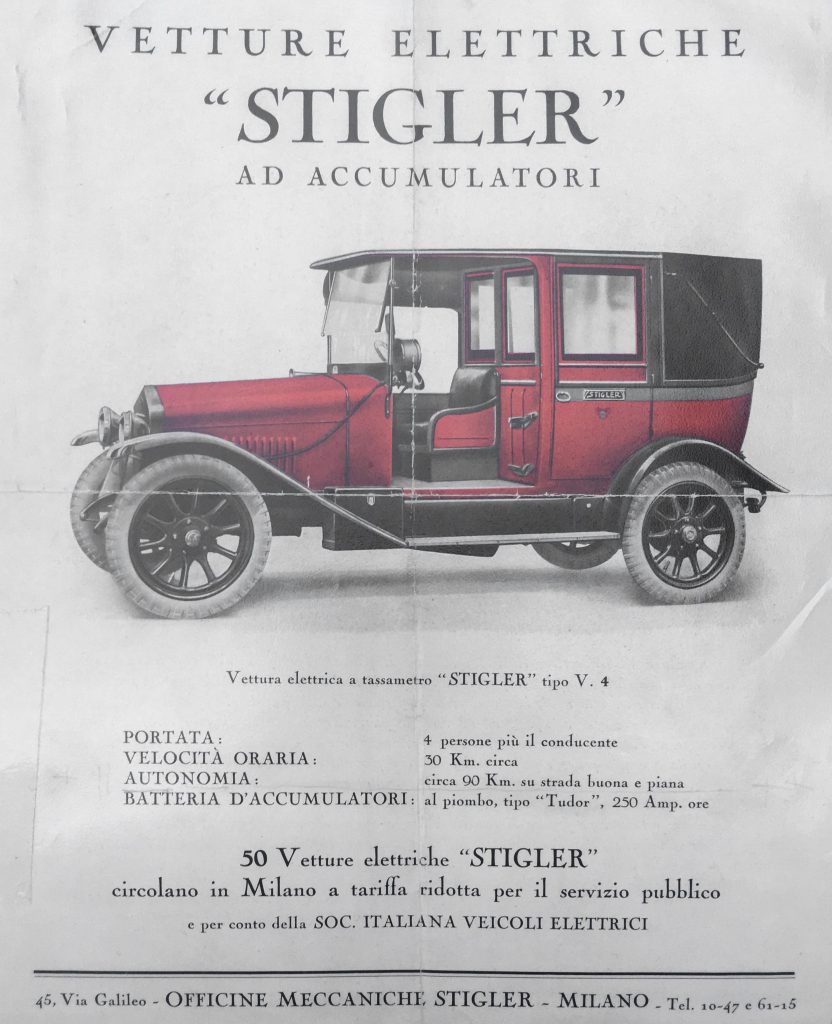 Typenblatt eines Mailänder Elektrotaxis der Firma Stigler 1927